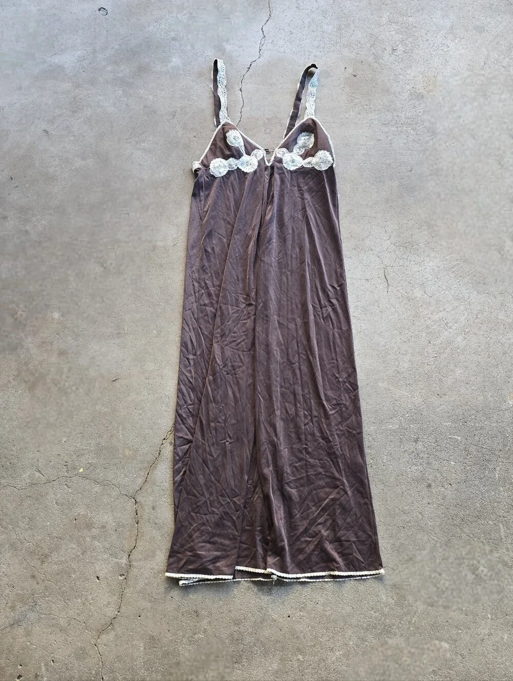 Vtg 60s 70s Vassarette Brown Lace Maxi Slip DRESS Gown Sz 34